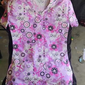 Pink Ribbon Patterned Scrub Top